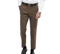 HSLS Men's Vintage Herringbone Dress Suit Pants Thick Wool Flat Front Tweed Trousers Brown 48