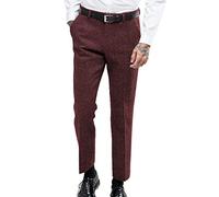 HSLS Men's Vintage Herringbone Dress Suit Pants Thick Wool Flat Front Tweed Trousers Burgundy 46