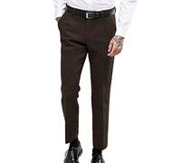 HSLS Men's Vintage Herringbone Dress Suit Pants Thick Wool Flat Front Tweed Trousers Coffee 38