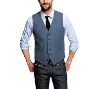 HSLS Mens Vintage Tweed Waistcoats Wool Suit's Vest Formal Business Herringbone(Large, Light Blue)