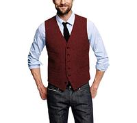 HSLS Mens Vintage Tweed Waistcoats Wool Suit's Vest Formal Business Herringbone(Medium, Burgundy)