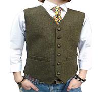 HSLS Men's Wool Suit Vest Set Wedding Party Tweed Herringbone Waistcoat for Groomsmen(Large, Army Green)