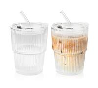 HSMHLYYB Set of 2 Glass Cups with Lid and Straw, 400 ml Matcha Glass, Iced Coffee Cups, Iced Coffee Glasses, Airtight Waterproof Design, Smoothie Cup for Juice, Water, Tea, Milk, Latte