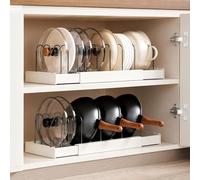 Hsmihair 2 Pack 57CM Expandable Pots and Pans Organiser, Anti-Scratch Pan Lid Holder with 10 Adjustable Dividers Pan Organiser for Cupboard Countertop/Inside, Baking Tray Storage Rack (White)