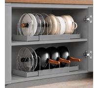 Hsmihair 2 Pack 58CM Expandable Pots and Pans Organiser, Anti-Scratch Pan Lid Holder with 10 Adjustable Dividers Pan Organiser for Cupboard Countertop/Inside, Baking Tray Storage Rack (Grey)