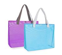 hsmyank 2Pack Large lightweight Simple Mesh Beach Tote Bag With snap Button Reusable Pool Bag for Outdoor Travel Shopping Gym, Plum-purple+blue, L