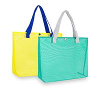 hsmyank 2Pack Large lightweight Simple Mesh Beach Tote Bag With snap Button Reusable Pool Bag for Outdoor Travel Shopping Gym, Yello+lake Green, L