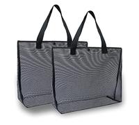 hsmyank 2Pack Large lightweight Simple Mesh Beach Tote Bag With snap Button Reusable Pool Bag for Outdoor Travel Shopping Gym, Black, L