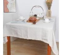 HSOFTIFY 100% Pure Linen Tablecloth Solid Color Tassel - Rectangular Dining Table Cloth 53 x 79 Inches Washable Tabletop for Dining Room, Kitchen, Garden, Farmhouse,White
