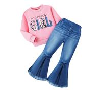 HSOXLQF Toddler Girls Long Sleeve Clothes Cartoon Graphic Letter Top + Fruit Print Flare Pants, Pink, 5-6 ans
