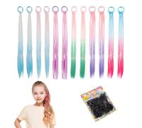 Hsrag 12Pcs Coloured Hair Extensions for Braiding with 1 Pack of Hair Bands, Rainbow Hair Extensions for Kids, Girls Accessories