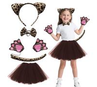 Hsrag 5Pcs Leopard Costume Set for Girls, Cheetah Costume Kids with Leopard Ears, Gloves, Lined Puffed Skirt, Animal Fancy Dress for Halloween & Carnival, One Size