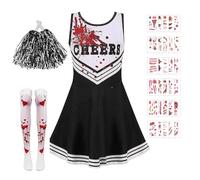Hsrag 5Pcs Zombie Cheerleader Costume Set for Halloween, Includes Cheer Dress, Pom-Poms, Socks, Fake Blood Gel, Stickers, for Girls Halloween Dress Up(10-12 years old) (Black)