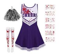 Hsrag 5Pcs Zombie Cheerleader Costume Set for Halloween, Includes Cheer Dress, Pom-Poms, Socks, Fake Blood Gel, Stickers, for Girls Halloween Dress Up(10-12 years old) (Purple)