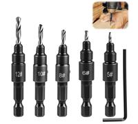 HSS Countersink Drill Bit Set 6-Piece, 1 PCS Hex Wrench and 5 PCS Quick Change 1/4" Hex Shank Countersink Bits Adjustable Self-Centering for Wood, Plastic, Composite Panels & Deburring Tool