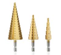 HSS Step Drill Bits, Rusee HSS Hex Shank Step Drill Bits 4-12 mm / 4-20 mm / 4-32 mm, 3-Piece Titanium-Nitrated Step Hole Cutter Cone Drill Bit Set