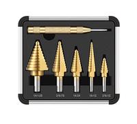 HSS Titanium Step Drill Bits with Automotive Center Punch, 50 Sizes High Speed Steel Step Bit Set for Sheet Metal with Aluminum Case (5PCS Step Drill + 1PC Center Punch)