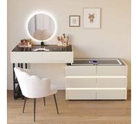 HSSTYLE Luxury Dressing Table with Mirror and Lights, Solid Wood Vanity Set with LED Mirror, Bluetooth Speaker & Wireless Charging, 8 Drawer Makeup Desk with Glass Top Storage,Khaki