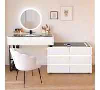 HSSTYLE Luxury Dressing Table with Mirror and Lights, Solid Wood Vanity Set with LED Mirror, Bluetooth Speaker & Wireless Charging, 8 Drawer Makeup Desk with Glass Top Storage,White