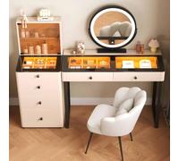 HSSTYLE Modern Solid Wood Dressing Table Set with LED Mirror & Glass Display Top, Reversible Storage Cabinet & Stool, 90% Pre-Assembled Vanity Table Makeup Desk,khaki,with chair