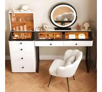 HSSTYLE Modern Solid Wood Dressing Table Set with LED Mirror & Glass Display Top, Reversible Storage Cabinet & Stool, 90% Pre-Assembled Vanity Table Makeup Desk,White,with chair