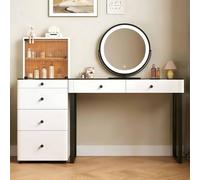 HSSTYLE Modern Solid Wood Dressing Table Set with LED Mirror & Glass Display Top, Reversible Storage Cabinet & Stool, 90% Pre-Assembled Vanity Table Makeup Desk,White,Without chair