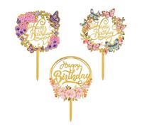 Hsthe Sea 3 Pcs Flowers Cake Toppers, Happy Birthday Cake Topper, Acrylic Happy Birthday Cake Toppers Various Birthday Party Wedding Cake Decoration（7.87x4.92x0.51in）