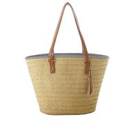Hsthe Sea Straw Summer Beach Handbag Women's Shoulder Cross Body Shopping Craft Travel Bag with Leather Handles Tassel (Brown)