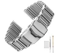 Hstrap Simple H-Link Shark Metal Stainless Steel Watch Band 20mm 22mm 24mm Solid Mesh Wrist Watch Band Silver Heavy Duty Diving Watch Bracelet Deployment Buckle Brushed Polished Strap for Men Women