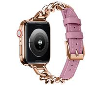 Hstrap Slim Silver Chain Genuine Rouge Leather Watch Band Compatible with Apple Watch Band 42mm 44mm 45mm 49mm Metal Hook Buckle for iWatch Ultra 2/Ultra SE Series 9 8 7 6 5 4 3 2 1 for Women