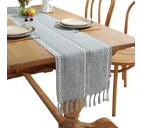 HSTWODE 1 Piece 33 cm x 120-305 cm Boho Cotton Flax Table Runner with Tassels, 9 Sizes and 6 Country House Style, Vintage Farmhouse Bohemian Wedding Tabletop Decoration, (33 x 330 cm, Grey)