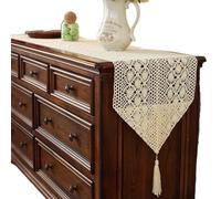 HSTWODE 1 Piece Crochet Table Runner, 30 cm x 80/120/150/180/210/240/270 cm, Lace Boho Table Linen, Classic Beige Wedding Tablecloth, Vintage Tassel Table Decoration for Food, Holidays (F, 30 × 210