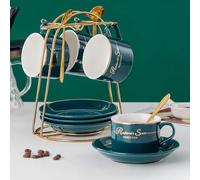 HSTWODE - Cups & Saucers of 4 (150 ml), Luxury Tea Cup Set with Gold Trim, Coffee Cup with Handle, British Royal Porcelain Mugs - White, Blue, Black (Brilliant Blue)