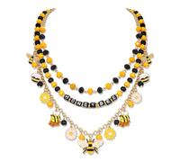 HSWE Bee Layered Beaded Necklace for Women Yellow Black Flying Bumble Bees Pendant Choker Necklaces Funny Cute Animal Spring Summer Holiday Party Jewelry Gift
