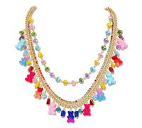 HSWE Candy Bear Layered Necklace for Women Funny Cute Colorful Crystal Beads Acrylic Bear Pendant Choker Necklace for Birthday Xmas Holiday Party Jewelry Gifts, adjustable, Metal, No Gemstone