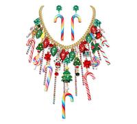 HSWE Christmas Jewelry Set Red Green Light Bulb Present Bow Christmas Tree Candy Cane Crystal Tassel Necklace Candy Cane Dangle Earrings Set for Women Fun Xmas Birthday Holiday Party Gift, L, Metal