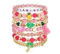HSWE Flamingo Bracelets for Women Pink Flamingo Heishi Clay Beaded Stretch Bracelets Stackable Animal Tropical Bird Elastic Layering Friendship Bracelets Fun Summer Beach Vacation Jewelry, adjustable