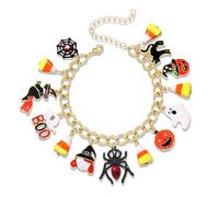 HSWE Halloween Bracelets for Women Fun Candy Corn Pumpkin Spooky Ghost BOO Witch Spider Cat Charm Link Chain Friendship Bracelet Novelty Halloween Birthday Holiday Party Bangle Wrist Jewelry Gift