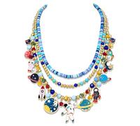 HSWE Space Charm Layered Necklace Funny Blue Universe Astronaut Rocket Planet Moon Stars Celestial Explorer Pendant Choker Necklace Novelty Birthday Holiday Party Jewelry Gift, adjustable, Metal, No