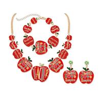 HSWE Teacher Apple Jewelry Set Fun Enamel Teacher Red Apple Charm Choker Necklace Bracelet Teach Love Inspire Apples Dangle Earrings Teachers Appreciation Gifts for Women Holiday Party Gifts, L, Metal