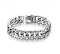 HSWYFCJY Men's Bracelets Silver Hip Hop Cuban Bracelet 13.5mm Stainless Steel Iced Out Cuban Link Bracelet Length 21cm High Polished Cubic Zirconia Cuban Bracelet for Men Women