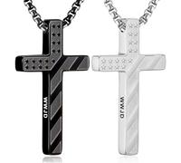 HSWYFCJY Silver Black 2 Pcs American Flag Bible Verse Cross Necklace for Men Boys 316L Stainless Steel Religious Christian Prayer Cross Pendant Chain Necklace USA Faith Patriotic Jewelry Gift For Him