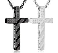 HSWYFCJY Silver Black 2 Pcs American Flag Bible Verse Cross Necklace for Men Boys 316L Stainless Steel Religious Christian Prayer Cross Pendant Chain Necklace USA Faith Patriotic Jewelry Gift For Him