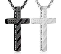 HSWYFCJY Silver Black 2 Pcs American Flag Bible Verse Cross Necklace for Men Boys 316L Stainless Steel Religious Christian Prayer Cross Pendant Chain Necklace USA Faith Patriotic Jewelry Gift For Him