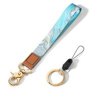Hsxnam Wrist Lanyard Key Chain, Cute Wristlet Strap Keychain Holder for Women Car Keys ID Badges Phone Airpods, White Blue Marble
