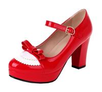 HSyc JRX Women's Block Heel High Heels Platform Pumps with Bow Patent Mary Jane Shoes, red, 5 UK