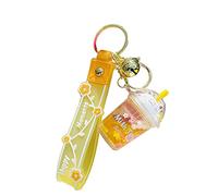HSYHERE Girls Women Beautiful Help Relax Happy Fortune Cat Milk Tea Cup Sand Bottle Keychain Keyring Key Chain Key Ring, Yellow, S