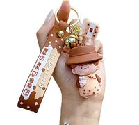 HSYHERE Men Women Creative Cute Kawaii Lover Valentine Gift Brown Milk Tea Bubble Tea Cup Keychain Keyrings, Soft PVC Milk Tea Bear Car Key Chain Key Ring Bag Pendant Key Holder -Boy