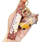 HSYHERE Men Women Creative Interesting Floating Milk Tea Brown Bear Lucky Bottle Keychain Keyrings, Round Cup, S