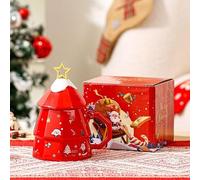 hsyomgcs Christmas Tree Mug with Star Topper, Festive Holiday Ceramic Coffee Cup, Red Green Pink, Decorative Gift Box, Merry Christmas Design (red)